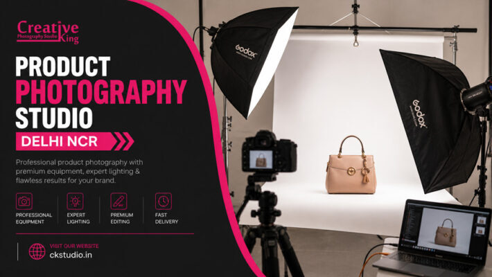 Professional product photography studio setup in India with Godox softbox lighting and a styled product on a clean white sweep backdrop, featured split infographic for a Delhi NCR product photography studio.