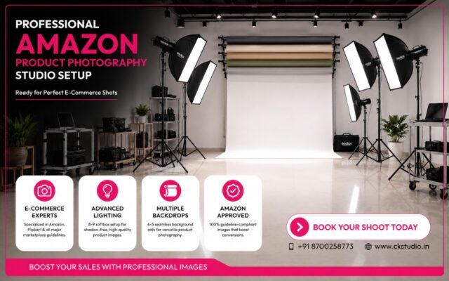 Professional Indian Amazon product photography studio with multiple seamless paper backdrop rolls, softbox lighting setup, and white shooting background for e-commerce product photography.