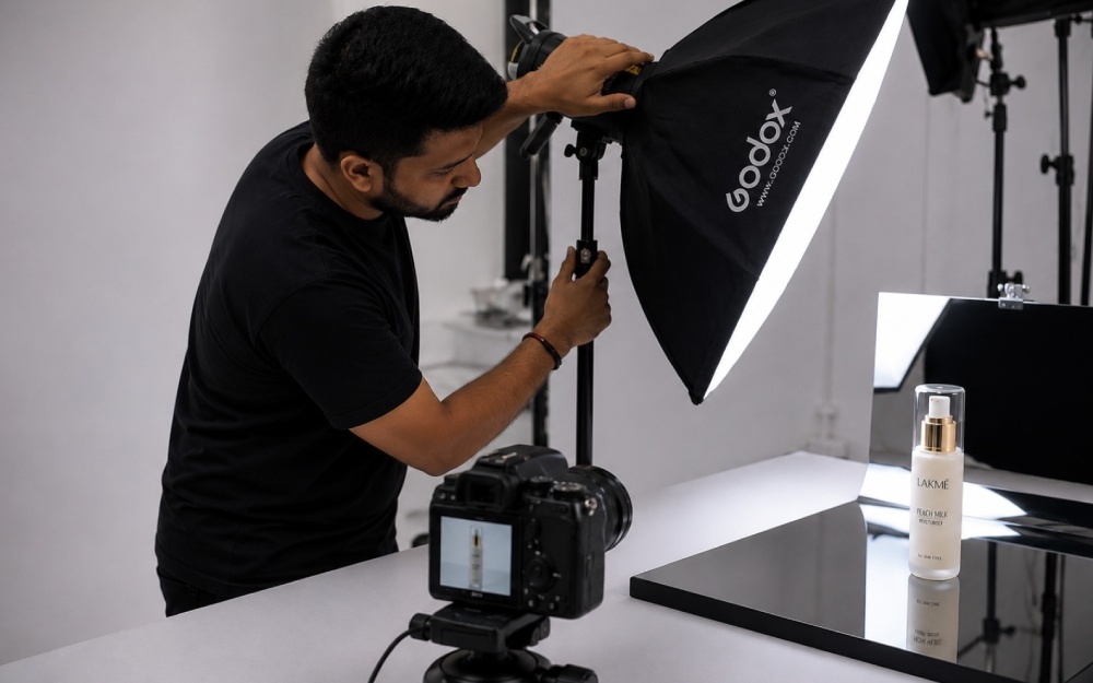 Professional photographer in Mumbai studio adjusting Godox softbox lighting on luxury watch product setup with reflective background for Amazon listing