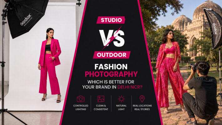 Split-screen behind-the-scenes comparison of studio fashion photography with Godox softbox lighting and outdoor fashion photography at Lodhi Garden Delhi during golden hour for Delhi NCR fashion brands.