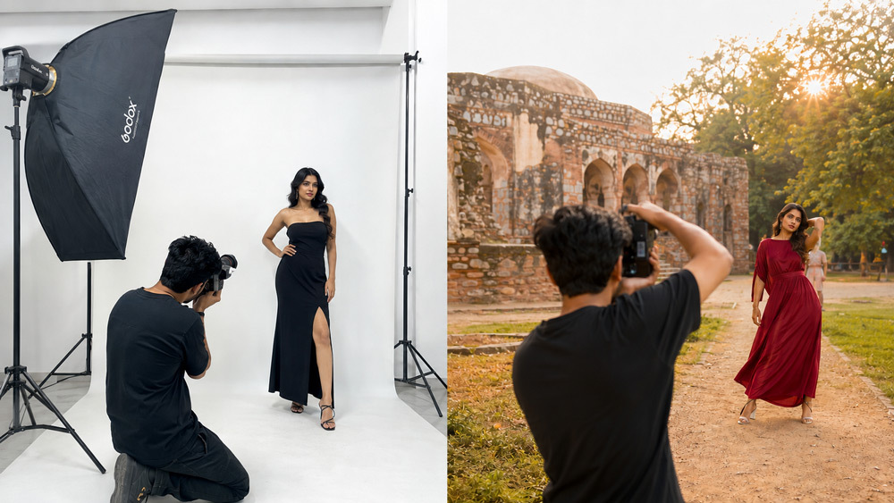 Split-screen editorial comparison of studio fashion photography with softbox lighting on white backdrop versus outdoor fashion photography at Lodhi Art District Delhi during golden hour by Ckstudio