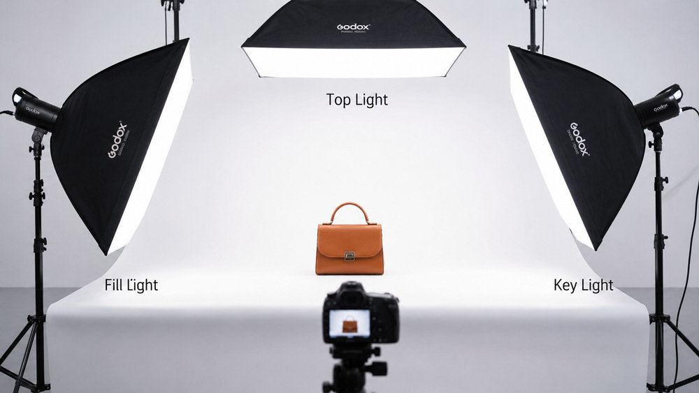Three-point softbox lighting diagram setup photographing a product on a seamless white surface for ecommerce