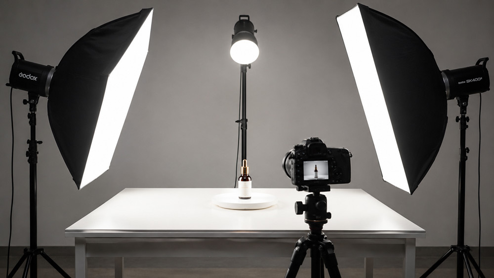 Editorial premium product photography studio setup with a product on seamless white backdrop, softbox lighting on both sides and a DSLR on tripod in a modern Delhi studio by Ckstudio