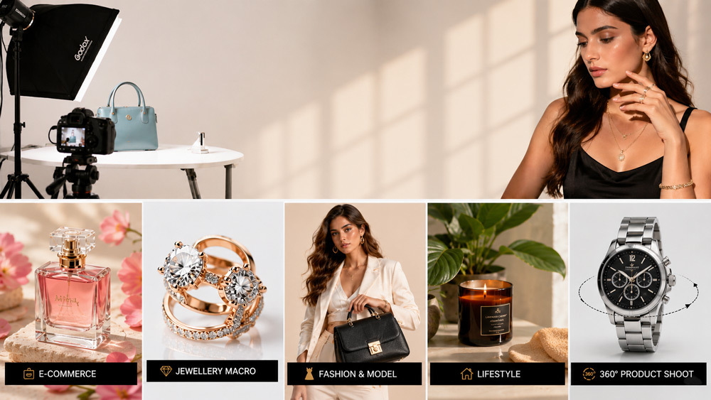 Best product photography studio Mumbai service categories overview showing ecommerce white background catalogue jewellery macro fashion model lifestyle and 360 degree product shoot examples arranged for portfolio reference
