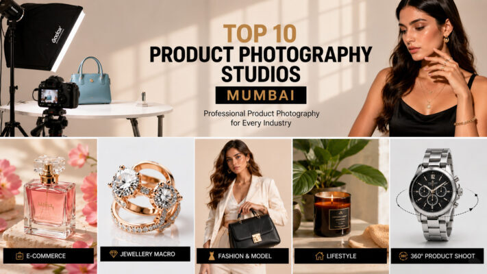 Collage showcasing top product photography studio categories in Mumbai including ecommerce white background, jewellery macro, fashion model, lifestyle, and 360 degree product photography.