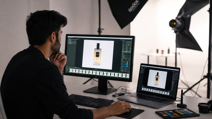 Professional product photographer in Mumbai studio reviewing tethered images on laptop monitor with white background product shot displayed, calibrated dual screen setup for ecommerce retouching workflow