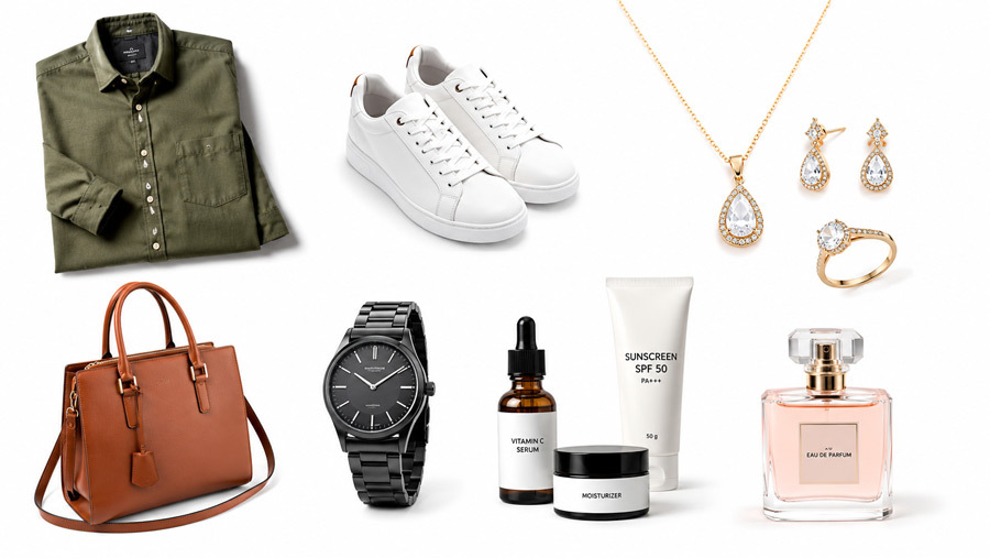 Different product categories shot by product photographers in Delhi including apparel flat lay jewellery and cosmetics on a seamless white background with soft shadows