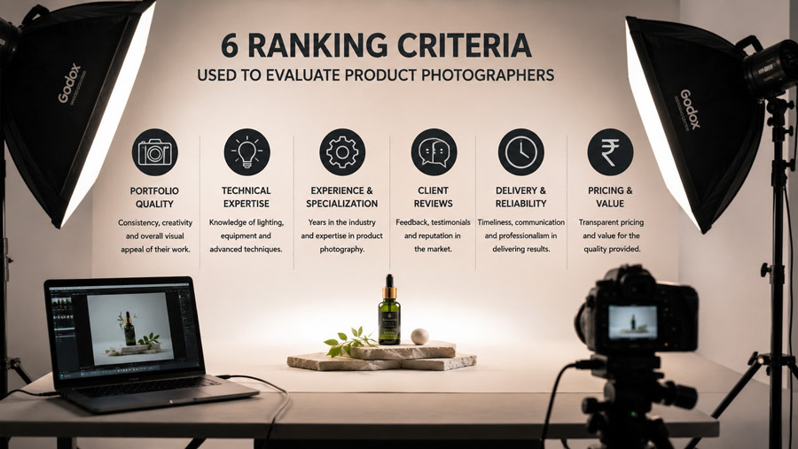 Six ranking criteria used to evaluate product photographers in Delhi NCR shown across a professional studio lighting and camera setup