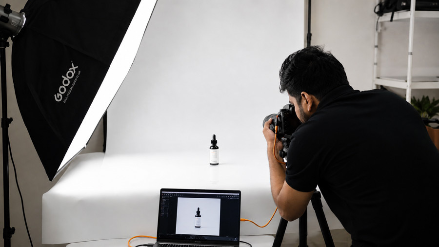 Product photographers in Delhi shooting a skincare serum bottle on a seamless white studio sweep with softbox lighting and a tethered camera at Ckstudio