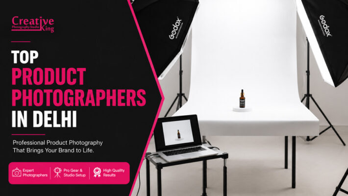 Split featured image showing Ckstudio product photography studio in Delhi with a skincare serum bottle on a white seamless background, Godox softbox lighting, and a tethered shooting setup.