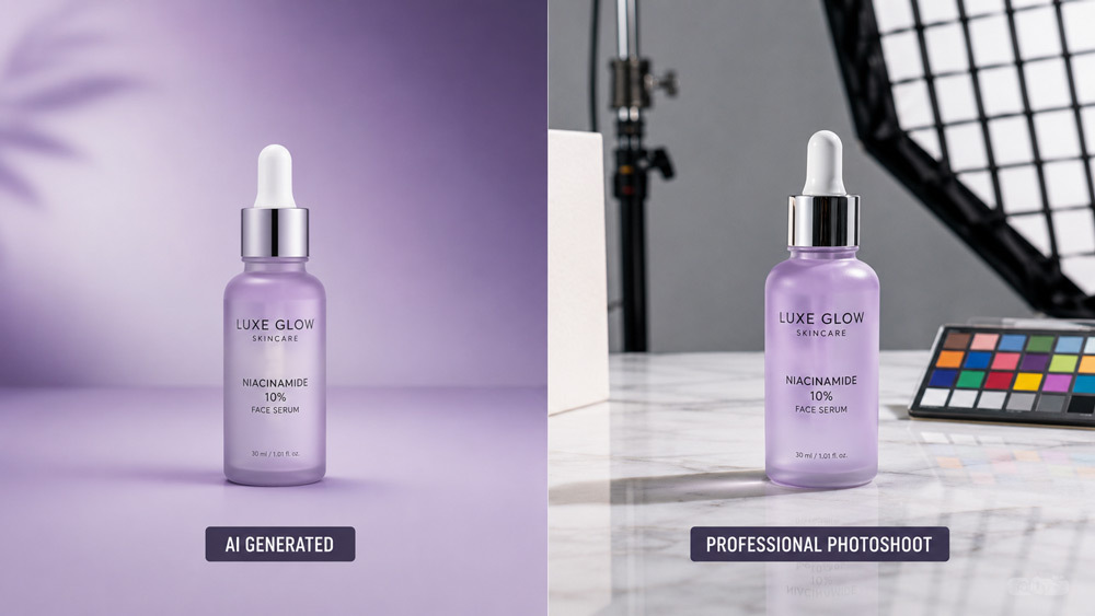 Split comparison of AI ecommerce photography vs professional studio shot at Indian standard ecommerce photography studio showing left half AI-generated cosmetic bottle on gradient backdrop and right half real studio-lit cosmetic bottle with soft reflection on marble tabletop with continuous lighting setup and colour chart