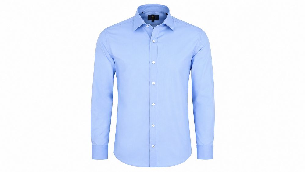 Amazon India compliant main image of a mens light blue formal shirt shot at Indian standard ecommerce photography studio on pure white RGB 255 background with garment occupying 85 percent of frame under even three-point softbox lighting for e-commerce listing zoom feature