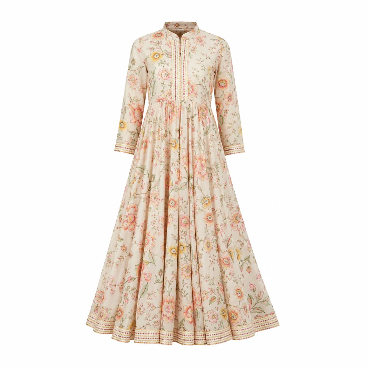 Cream floral anarkali kurti photographed on an invisible mannequin against white, flared hem fully inside a square frame with even margins on all sides