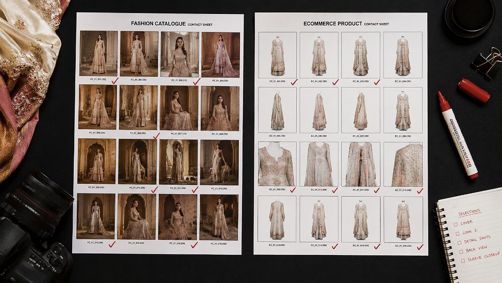 Behind the scenes of overhead flat lay comparison of editorial fashion catalogue contact sheet beside clean ghost