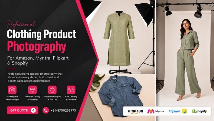 Editorial studio scene at an Indian standard ecommerce photography studio showing a kurta on invisible