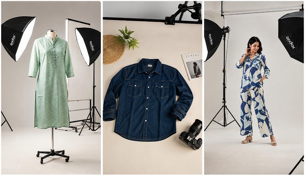 Editorial studio scene at an Indian standard ecommerce photography studio showing a kurta on invisible ghost mannequin under three-point softbox lighting, a flat lay denim shirt on ivory paper backdrop, and a woman model in a co-ord set posing on cyclorama for Amazon Myntra Flipkart and Shopify clothing product photography catalogue