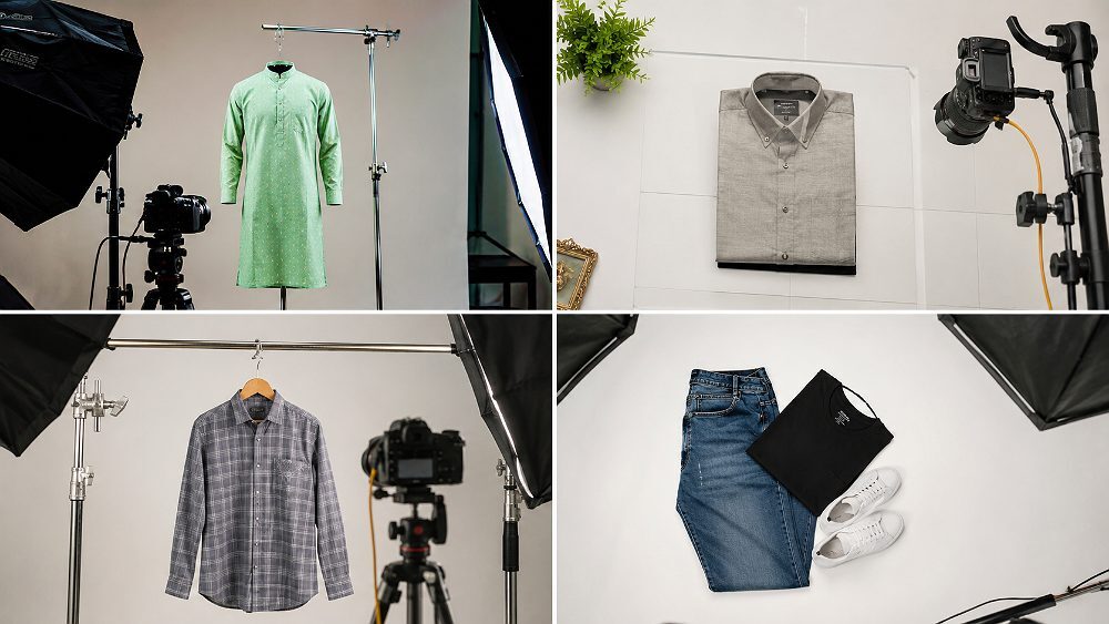 Four-format overview grid of clothing product photography shot at Indian standard ecommerce photography studio showing invisible ghost mannequin kurta on floating neckline setup next to overhead flat lay of folded shirt with tags on ivory paper backdrop and on-body model in denim jacket on grey cyclorama plus macro fabric weave close-up under diffused softbox lighting