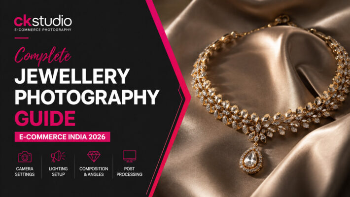 Complete Jewellery Photography Guide infographic featuring a luxury gold and diamond necklace on a champagne silk backdrop with editorial lighting and e-commerce jewellery photography tips for India 2026.
