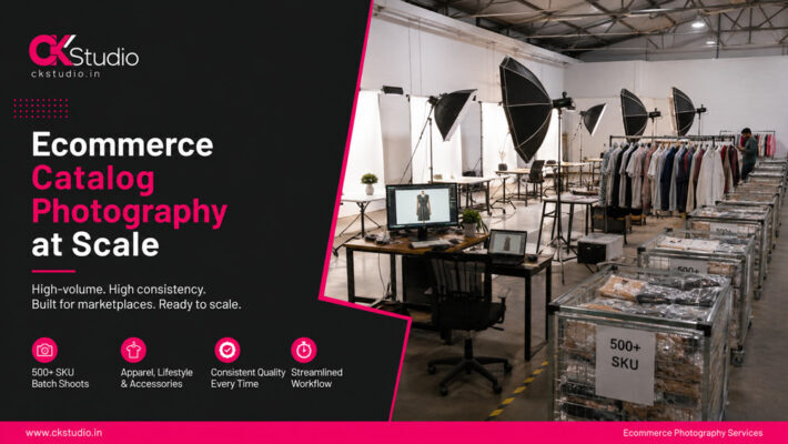 Ecommerce catalog photography studio with 500 plus SKU batch workflow, lighting setups, apparel racks, tethered workstations and consistent white background production