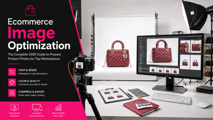 Ecommerce image optimization workflow showing a fashion handbag photographed and prepared for online marketplaces in a professional Indian studio