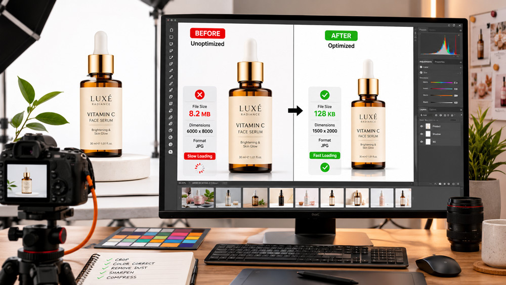 Professional Indian ecommerce photography studio showing product image optimization workflow with fashion handbag, camera, calibrated monitor, color checking and post-production workstation