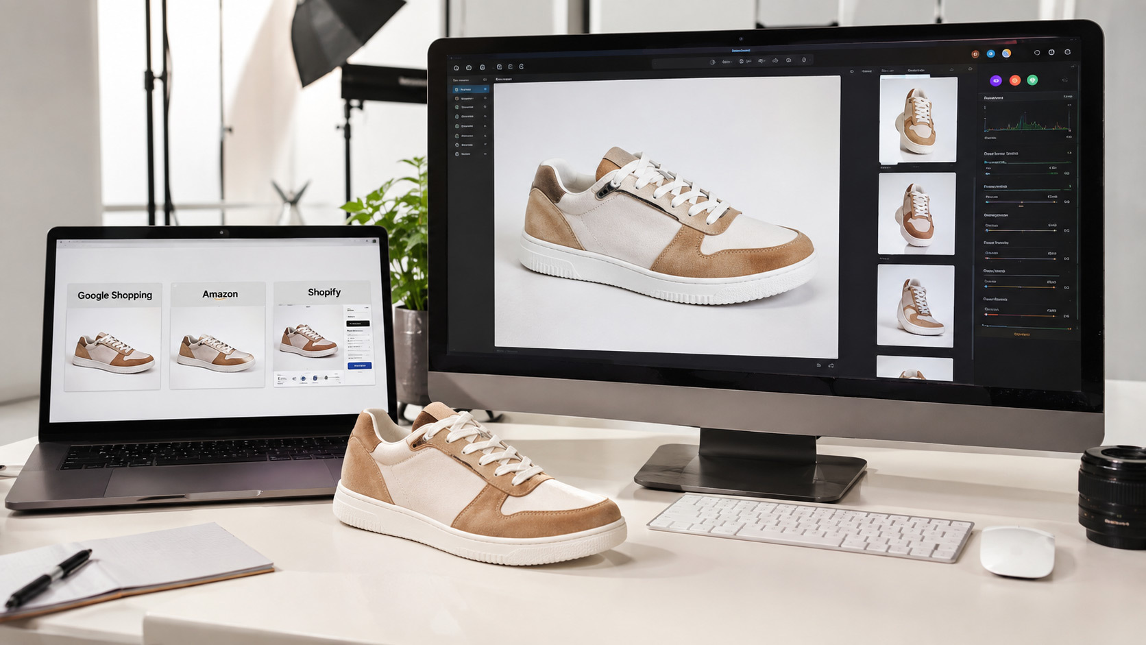 Ecommerce image optimization workflow showing a fashion sneaker prepared for Google Shopping, Amazon and Shopify