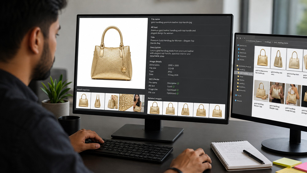 Ecommerce SEO specialist optimizing a gold handbag product image with descriptive filename, alt text, metadata, and organized ecommerce image folders