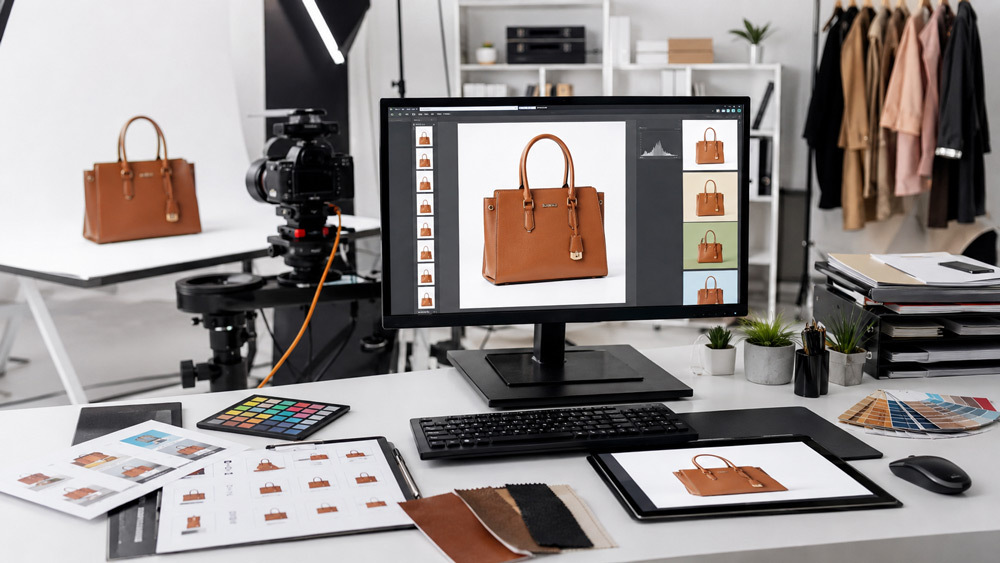Professional Indian ecommerce photography studio showing product image optimization workflow with fashion handbag, camera, calibrated monitor, color checking and post-production workstation