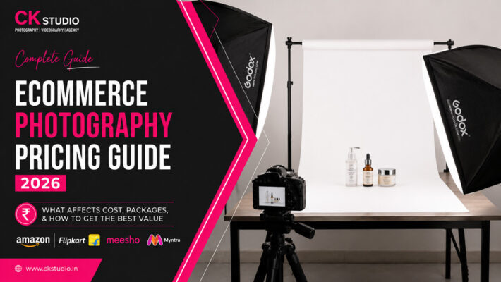 Ecommerce photography pricing guide 2026 featuring a professional skincare product photography studio setup with camera, softbox lighting, and white background