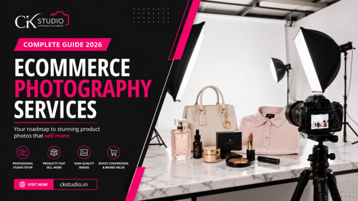 Premium ecommerce photography studio with white cyclorama, DSLR camera, professional lighting, cosmetics and apparel setup featured in the Ecommerce Photography Services Complete Guide 2026.