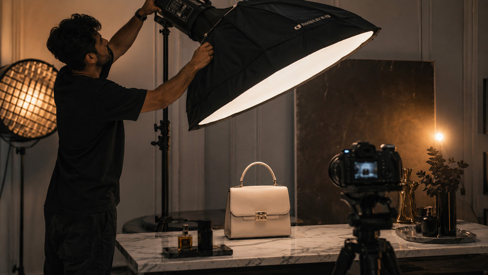 Cinematic behind the scenes photograph professional ecommerce photography studio Delhi NCR photographer adjusting large softbox over luxury handbag on marble table subtle warm rim lighting muted color grade editorial mood 35mm film aesthetic Vogue style Ckstudio