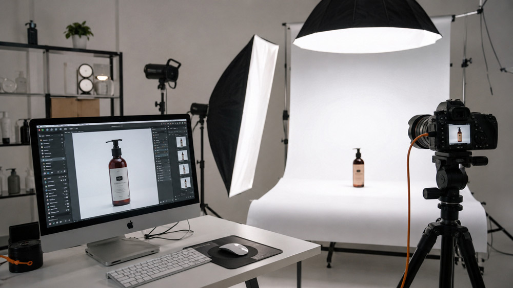 Professional ecommerce photography workflow at a Delhi NCR studio showing softbox lighting camera on tripod and product on white sweep for Amazon marketplace-ready images