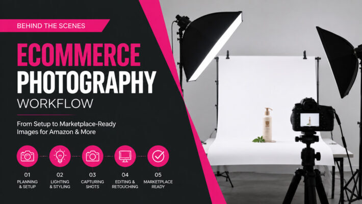 Ecommerce photography workflow studio setup with camera, softbox lighting, and product on white sweep for marketplace-ready images