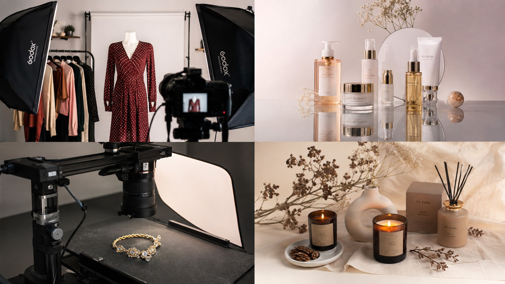 Category-wise ecommerce product photography services setup at Ckstudio Delhi NCR studio showing fashion apparel on ghost mannequin, cosmetic bottles on reflective tabletop, jewellery under macro lighting rig and lifestyle candle set with props on ivory backdrop