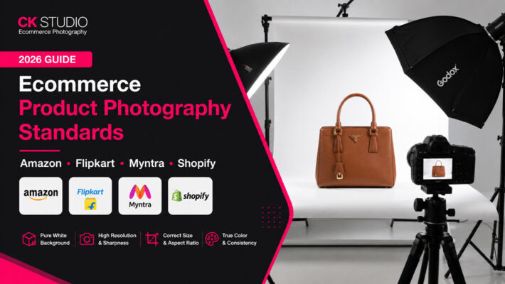 Professional ecommerce product photography setup with pure white background lighting for Amazon, Flipkart, Myntra, and Shopify product catalogue standards in 2026.