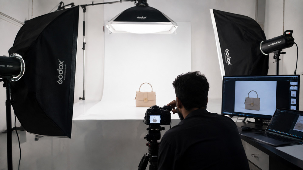 Professional ecommerce product photography setup with pure white background lighting for Amazon Flipkart Myntra Shopify multi-marketplace catalogue at Ckstudio Delhi NCR