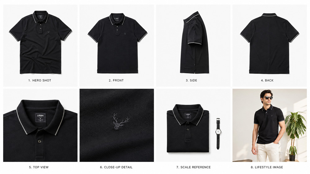 Flatlay grid of 8 ecommerce product photos on white background showing hero shot, front side back angles, top view, close-up detail, scale reference and lifestyle image for a fashion product listing shot in Ckstudio Delhi NCR studio with soft even lighting