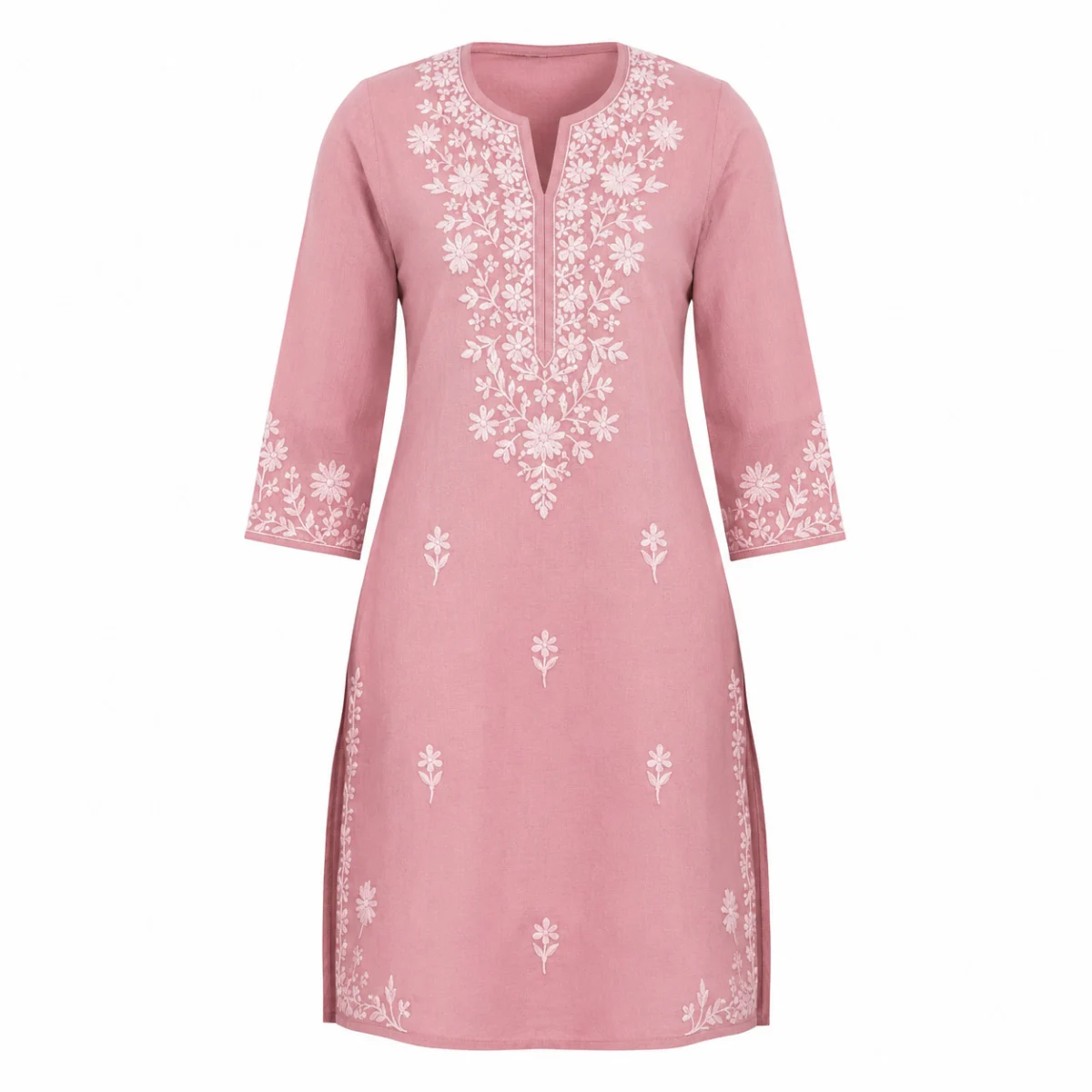 Pink embroidered straight kurti shot on an invisible mannequin against white, showing neckline, sleeve and hem embroidery for an apparel catalogue gallery