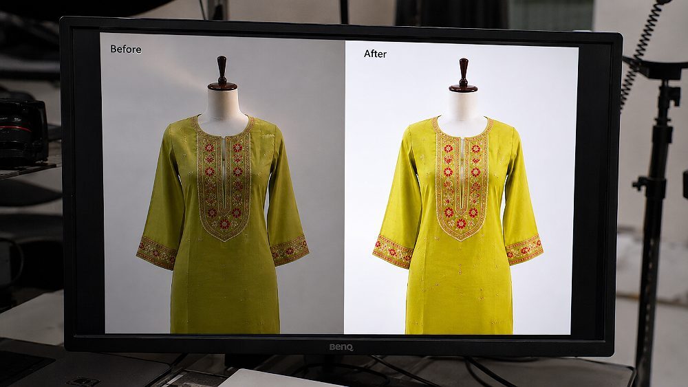Behind the scenes of before and after retouching comparison for ethnic wear photography showing raw camera capture of