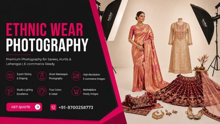 Editorial ethnic wear photography setup at Indian standard ecommerce photography studio showing model