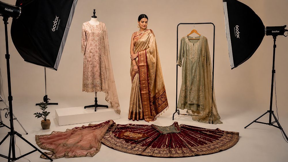 Behind the scenes of editorial ethnic wear photography setup at Indian standard ecommerce photography studio showing model