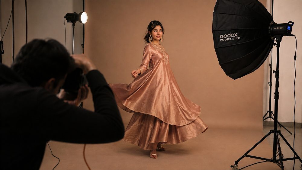 Behind the scenes of live model in silk fusion Indo-Western dress captured mid-step at Indian standard ecommerce