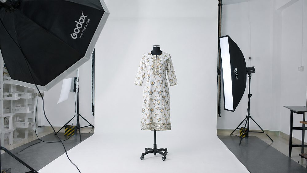 Behind the scenes of straight-cut printed kurti on ghost mannequin at Indian standard ecommerce photography studio shot