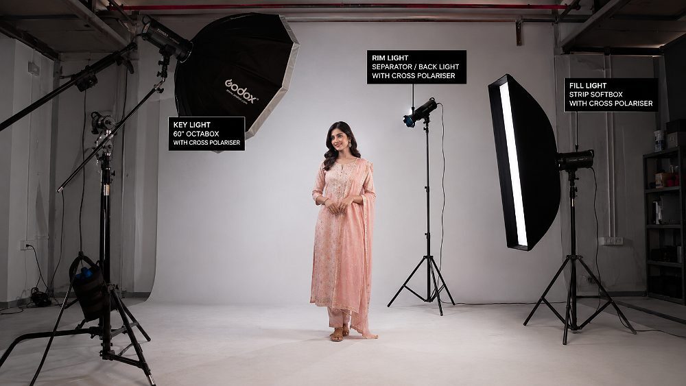 Behind the scenes of professional three-light studio lighting rig setup for ethnic wear photography at Indian standard