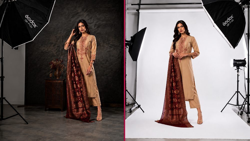 Behind the scenes of split scene showing Fashion Catalogue Photography editorial model shoot on charcoal set beside clean