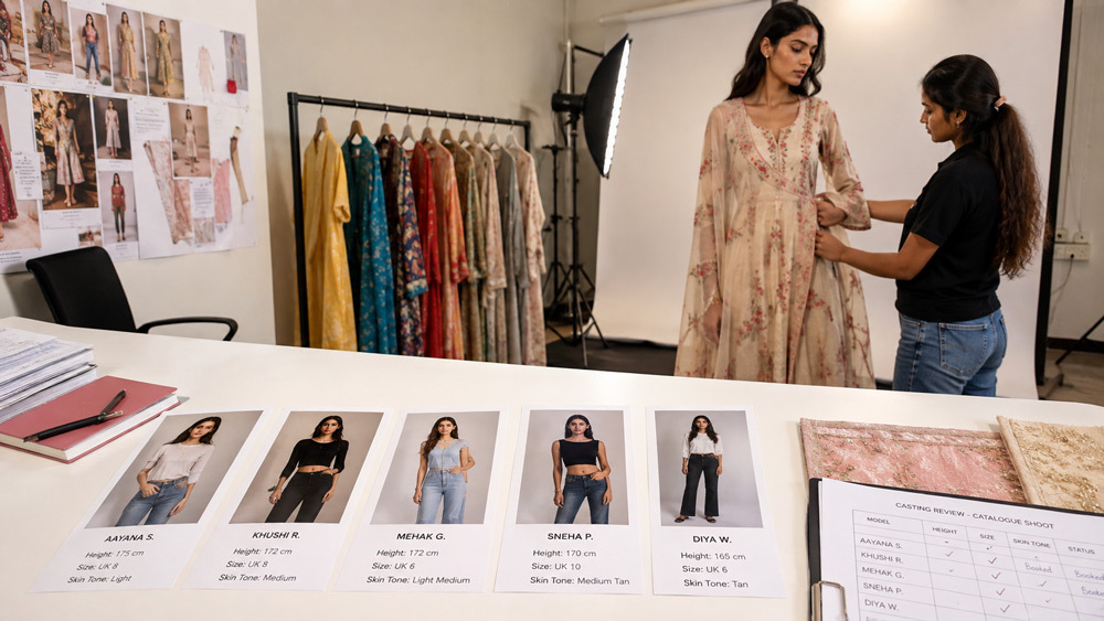 Model casting session for Fashion Catalogue Shoot at Indian standard ecommerce photography studio showing five comp cards laid out on white review table with height range, size range and skin tone notations plus a stylist checking garment fit on a booked model during fitting session before catalogue production day