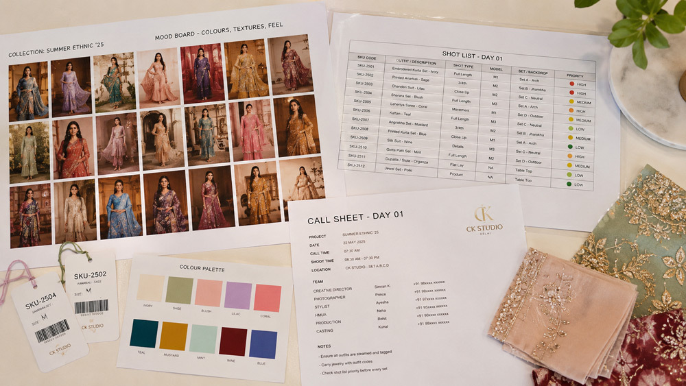 Pre-production planning table for Fashion Catalogue Shoot at Indian standard ecommerce photography studio showing printed mood board with fifteen editorial references, laminated shot list spreadsheet with SKU codes and priority markers, garment tags, colour swatches and a call sheet arranged on ivory production desk
