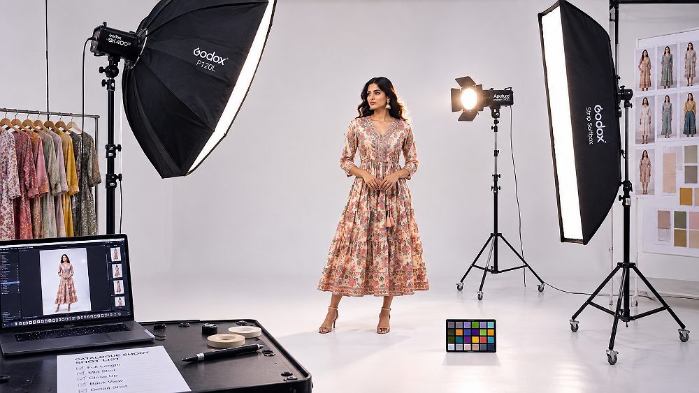Three-point lighting setup for Fashion Catalogue Shoot at Indian standard ecommerce photography studio with large octabox key light angled forty-five degrees to model position, strip softbox fill light on opposite side, rim light behind model separating silhouette from white cyclorama backdrop and colour checker card placed on floor for calibration