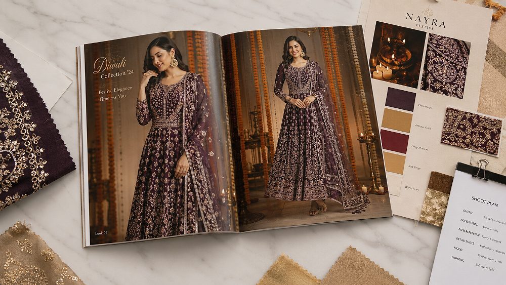 Behind the scenes of printed seasonal lookbook spread laid on marble surface with festive Diwali capsule Fashion Catalogue