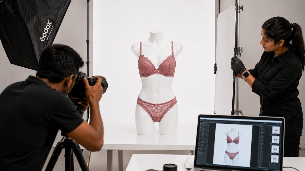 Behind the scenes of ghost mannequin lingerie photography of a structured bra with invisible form removed showing cup